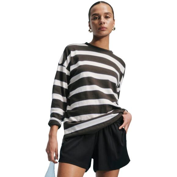 AYR Top Womens Large White Green Early Mornings Tee Striped Knit Preppy Cotton - Picture 1 of 11